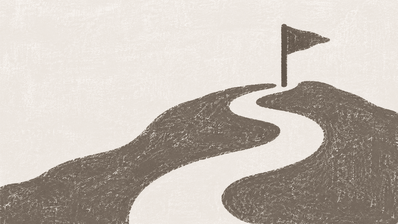 Hand-drawn illustration of a winding path leading up a hill to a flag planted at the summit